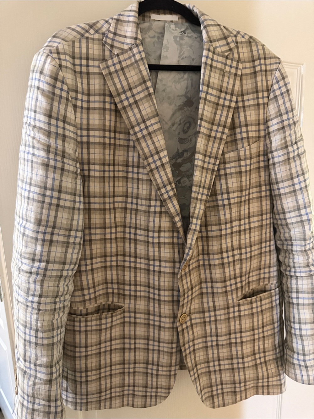Men's Plaid Linen Blazer in Beige and Blue 44L